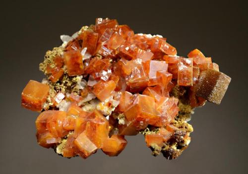 Wulfenite
Ahumada Mine, Los Lamentos District, Chihuahua, Mexico
5.0 x 6.8 cm.
Bright orange pseudocubic wulfenite crystals to 1.0 cm associated with drusy brown descloizite and white calcite. (Author: crosstimber)