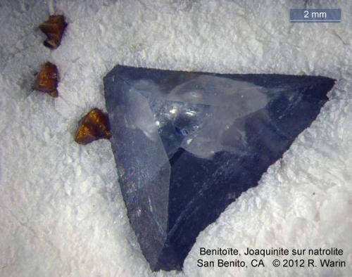 Benitoite, Joaquinite-(Ce) with Natrolite
Benitoite Mine, New Idria District, Diablo Range, San Benito Co., California, USA (Author: Roger Warin)