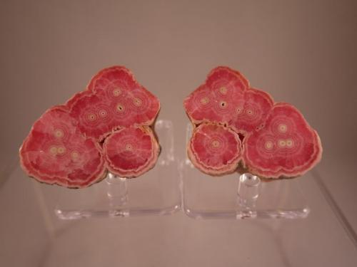 Rhodochrosite
Capillitas Mine, Catamarca, Argentina
5.3 x 4.0 x 3.2 cm (left), 5.3 x x 4.3 x 2.3 cm (right)
Rhodochrosite Stalactite (Author: Don Lum)