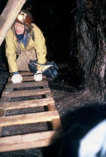 Joey Galt around 1100 ft. down in Faraday Mine.  (Joey’s husband Eric had his ID stolen by James Earl Ray, Martin Luther King’s assassin, during his flight to Canada) (Author: John Medici)