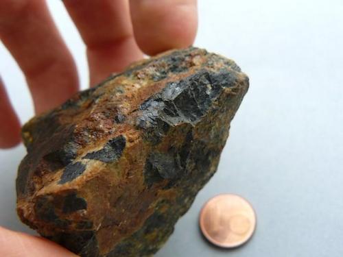 Uraninite, Gummite
Ty Gallen Mine, Morbihan, Brittany Area, France.
70*50 mm

Uraninite (black) with Gummite (brown and yellow)
Same specimen (Author: Benj)