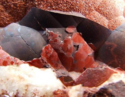 Dolomite and Kidney Ore Haematite.
Frizington Parks mine, Frizington Cumbria, England, UK.
FOV 15 x 10 mm approx (Author: nurbo)