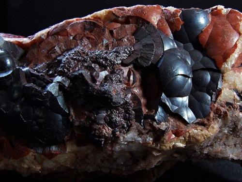 Dolomite and Kidney Ore Haematite.
Frizington Parks mine, Frizington Cumbria, England, UK.
FOV 35 x 30 mm approx (Author: nurbo)