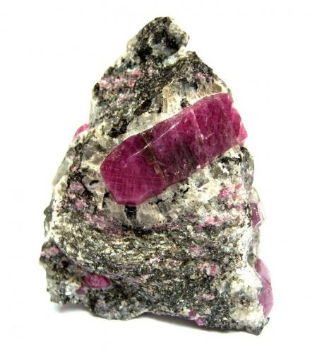 Corundum var. Ruby
Mysore District, Karnataka, India
Specimen height 5 cm, large ruby crystal 2,5 cm (Author: Tobi)