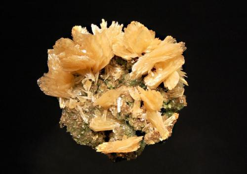 Barite
Ojuela Mine, Mapimi, Durango, Mexico
6.2 x 6.5 cm.
Light brown, bladed barite in fan-shaped groups covering the top of a gossan matrix sprinkled with tiny calcite crystals over conichalcite. (Author: crosstimber)