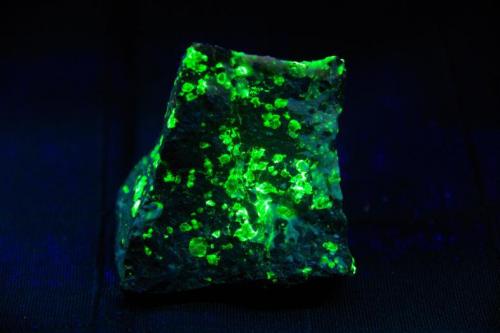 Willemita con Zincita y Franklinita - Fluorescente
Franklin, Nueva Jersey, EEUU
50 x 50 x 32 mm
Bajo luz ultravioleta de onda corta (256 nm aprox.). Willemita de color verde. (Autor: Juan María Pérez)