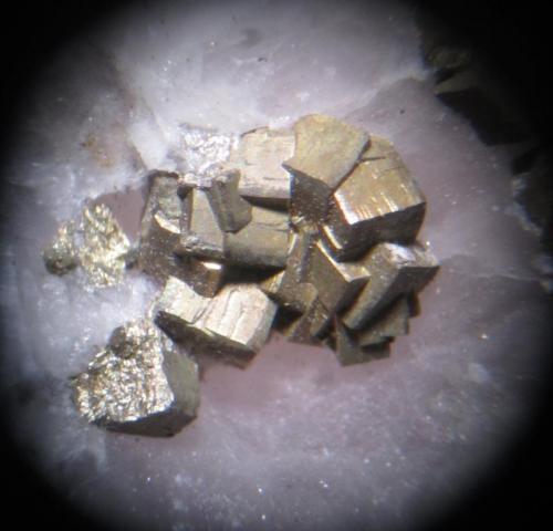 Pirita.<br />Pedrera Berta, Turó de Can Domènech, Serra de Roques Blanques, Sant Cugat del Vallès-El Papiol, Comarca Vallès Occidental / Baix Llobregat, Barcelona, Cataluña / Catalunya, España<br />Grupo de cristales de 5 mm. aprox.<br /> (Autor: Carles Rubio)