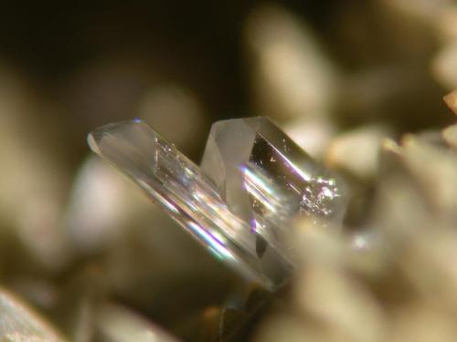 Cerussite
Las Cruces mine, Gerena, Seville, Andalusia, Spain
FOv 3.4 mm
Cerussite and anglesite crystals are relatively common in the lead rich gossan. (Author: Cesar M. Salvan)