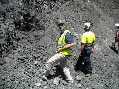 Las Cruces mine, Gerena, Seville, Andalusia, Spain
It’s me collecting in the copper sulfide ore at Las Cruces. In my hand, the specimen pictured previously. See the calcite filled fractures, in whose cavities the chalcocite crystals grow. (Author: Cesar M. Salvan)