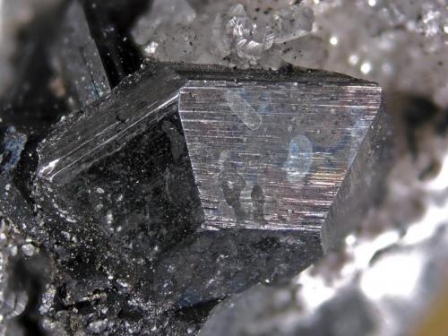 Chalcocite
Las Cruces mine, Gerena, Seville, Andalusia, Spain
2 cm crystal
It is not usual in the IPB to find centimetric crystals of sulfide minerals. I recovered this specimen in 2010, just after the beginning of copper production. (Author: Cesar M. Salvan)