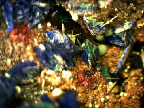 Azurite and Malachite on Limonite covered Quartz.
M’Cissi, Er Rachidia, Morocco
5mm x 5mm (Author: Mark Ost)