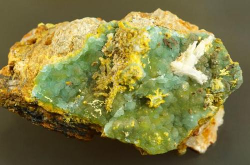 Plumbogummite with mimetite.
Dry Gill Mine, Caldbeck Fells, Cumbria, UK.
55 mm.
 (Author: Ru Smith)