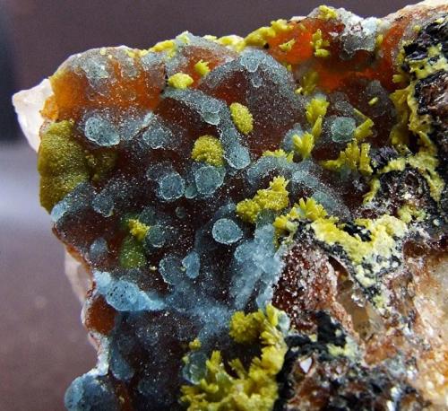 Plumbogummite, Mimetite.
Dry Gill Mine, Caldbeck Fells, Cumbria, England, UK.
FOV 20 x 20 mm approx (Author: nurbo)
