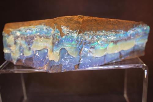 Opal
Queensland, Australia
15 x 6.3 x 5 cm
ex-Bill Rudner.

Way back when, a person could stop by Chris Wright’s place in Hot Springs and go through a bin with boulder opal rough.  It was sold by the pound.  That was okay because about 99.99% of it was ironstone matrix.  I suspect that  possibly as many as a dozen people have high-graded it before it got to the bin but every now and again Chris would put back a piece for that special person.  Unfortunately, more often than not, I was usually not that person. (Author: Don Lum)