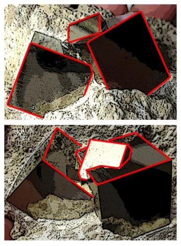 Pyrite
Ampliación a Victoria Mine, Navajún, La Rioja, Spain
4 x 2 x 2 cm.
Diagram showing cubic crystal faces and interconnections among them. (Author: supertxango)