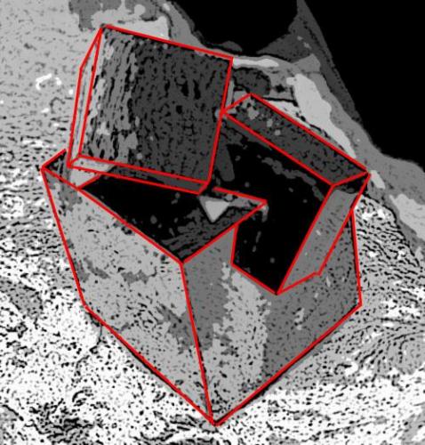 Pyrite
Ampliación a Victoria Mine, Navajún, La Rioja, Spain
2 x 2 x 2 cm.
Diagram of three grouped pyrite crystals. (Author: supertxango)