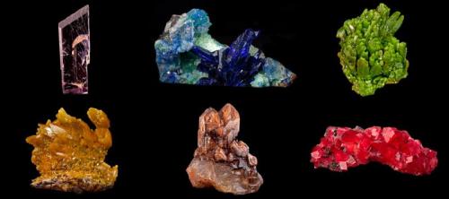 Six more specimens from the Hoppel Collection - a Kunzite, a Linarite, two Pyromorphites, a Quartz and a Rhodochrosite. (Author: BlueCapProductions)