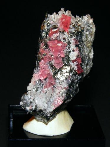 Rhodochrosite with Quartz and Tetrahedrite
Sweet Home Mine, Mount Bross, Alma District, Park Co., Colorado, USA
4.5 cm tall
Rhodochrosite crystals to 5 mm associated with quartz, tetrahedrite and a small amount of bornite. (Author: Tim Blackwood)