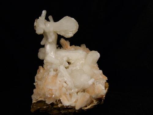Stilbite + Heulandite
Sgurr nam Boc, Isle of Skye, Scotland, UK
8cm x 7cm x 8cm high
Pretty combination, very rarely seen at this locality, of pink heulandite crystals with white bowtie stilbite crystals. The stilbite at the top is 4cm long. This specimen was found in the remains of a large boulder which had been ’attended to’ by a joint Scottish Museum trip (by boat) a few weeks earlier !
Self-collected 1997 (Author: Mike Wood)
