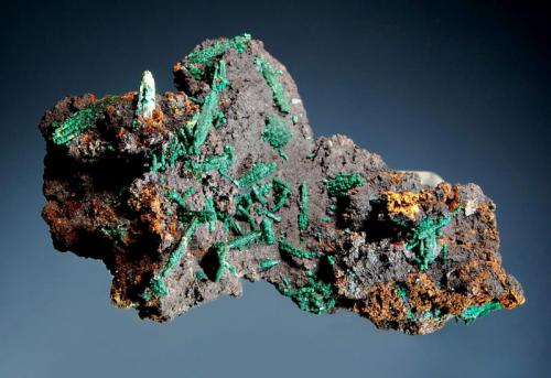 Olivenite
Ibiajara, Bahia, Brazil
3.9 x 5.8 cm.
Slender green olivenite crystals to 1 cm in length coated with micro-spheres of cornwallite and malachite on a gossanous matrix. From a new find in 2006. (Author: crosstimber)