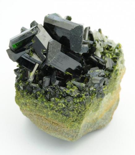 Epidote, Quartz
Khowrin Mount, Kohandan (East of Tafresh), central Iran
The largest crystal on top is 1.3cm in length. (Author: vhairap)