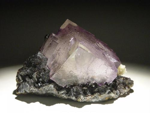 Fluorite on sphalerite with barite
Elmwood Mine, Smith County, Tennessee, USA
10.5x10cm
A fluorite cube with 2 transparent corners on sphalerite. Small barite cluster at the back. (Author: Greg Lilly)