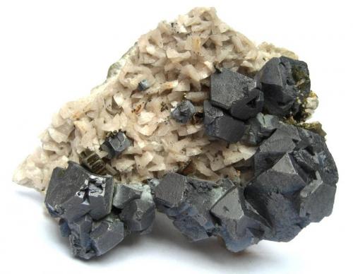 Galena and marcasite on dolomite
Picher Field, Tri-State District, Oklahoma, USA
Specimen size 10 cm, largest galena ~ 3 cm (Author: Tobi)