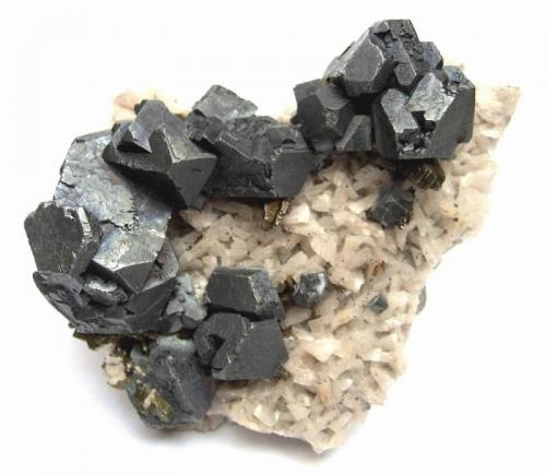 Galena and marcasite on dolomite
Picher Field, Tri-State District, Oklahoma, USA
Specimen size 10 cm, largest galena ~ 3 cm (Author: Tobi)