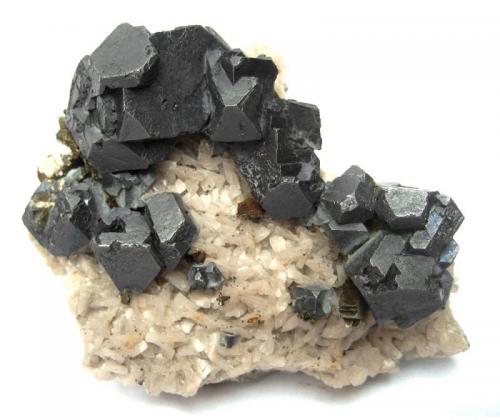 Galena and marcasite on dolomite
Picher Field, Tri-State District, Oklahoma, USA
Specimen size 10 cm, largest galena ~ 3 cm (Author: Tobi)