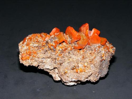 Wulfenite
Red Cloud Mine, Silver District, Trigo Mts, La Paz Co., Arizona, USA
8.6 x 5.4 x 4.6 cm
This specimen was collected during mining by Wayne Thompson in 1993.  It features thick, lustrous, translucent, rich red-orange crystals to 1.5 cm on gossan matrix.  Particulate matter present in the solutions from which the crystals formed has resulted in some of the crystals having a brownish center. Ex. James Webb Collection, of Houston, Texas, USA. (Author: Tim Blackwood)