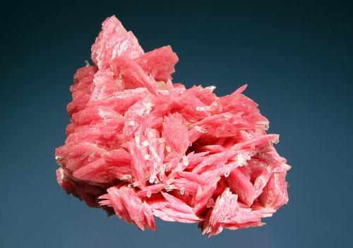 Rhodonite
San Martín Mine, Chiurucu, Huallanca, Bolognesi Province, Ancash Department, Peru
3.5 x 4.7 cm.
Intergrown group of bright pink, bladed rhodonite crystals sprinkled with tiny transparent quartz crystals. (Author: crosstimber)