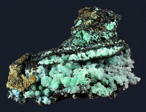 Hemimorphite on Aurichalcite and Rosasite
Silver Hill Mine, Waterman District, Waterman Mts., Pima County, Arizona, USA
121 x 104 x 54 mm (Author: GneissWare)