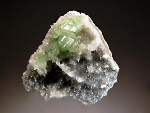 Augelite
Tamboras Mine, Mundo Nuevo, Huamachuco, Sanchez Carrion Province, La Libertad Department, Peru
4.2 x 4.5 cm.
Mint green augelite crystals on a thin plate of limestone covered with small transparent quartz crystals. From a find in 2012. (Author: crosstimber)