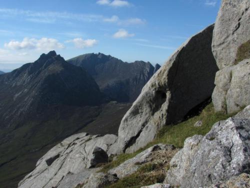 Looking NW towards Cir Mhor, and Caisteal Abhail beyond; from Goatfell. Photo taken in August. (Author: Mike Wood)