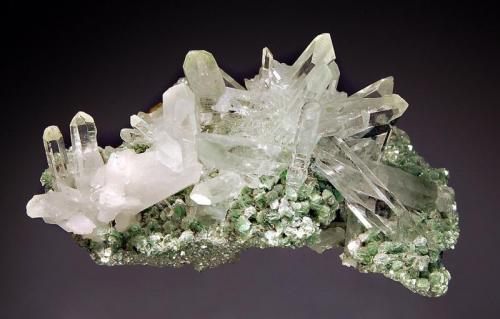 Quartz
Cantera Quesga, Ancash Department, Peru
4.9 x 8.0 cm.
Colorless transparent quartz crystals scattered over a matrix of platy, mint green fuschite crystals. (Author: crosstimber)