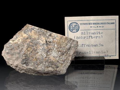 Sylvanite
Baia de Arieş (Offenbánya), Alba Co., Romania
8x5x3 cm
Classic sample, with old italian label (and a very old original german label attached on the back of the specimen, not visible in photo). (Author: Simone Citon)