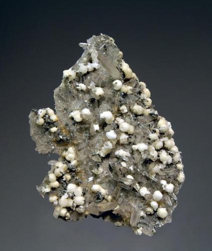 Wavellite
Siglo Veinte Mine, Llallagua, Bustillo Prov., Potosi Dept., Bolivia
5.1 x 7.0 cm.
Numerous yellowish-white spheres of wavellite covering a thin plate and associated with transparent quartz crystals and micro cassiterite. (Author: crosstimber)