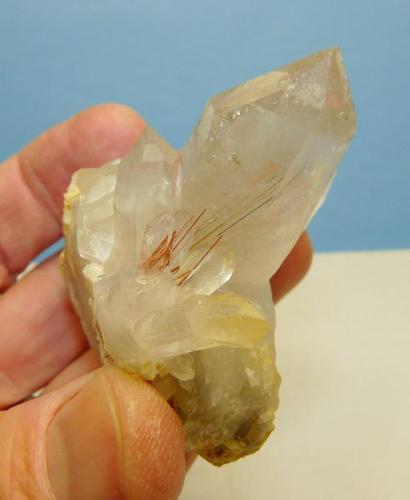 Quartz with rutile
Van Rhynsdorp, Western Cape South Africa.
84 x 61 x 41 mm
This specimen is a very sad story!  It had a good number of Rutile needles exposed and I dropped a pencil on it, damaging it badly. (Author: Pierre Joubert)