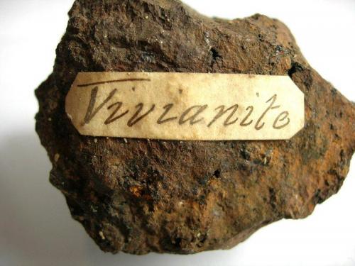 Vivianite
Wheal Owles, Botallack, St. Just, Cornwall, England, UK
label on rear (Author: ian jones)