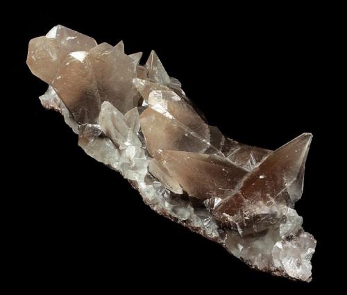 Calcite
Hercules Mine, Municipio de Camargo, Chihuahua, Mexico
191 x 87 x 65 mm

This cluster of Calcite crystals consists of both elongated scalenahedrons and butterfly twins (to 44 mm) with a reddish tinge from Hematite inclusions that deepens in color towards the centers of the Calcite crystals forming nice Hematite phantoms. The Calcites also display distinct chatoyancy. Although it presents damage around the margins where it was removed, it is one of the only surviving specimens from what was reportedly a large, several meters long cave completely covered by such Calcite. It was given to me by Francisco Aguilera who worked at the Hercules Mine and actually collected it. Casey Jones and I met Francisco through the mine office because he spoke some English. (Author: GneissWare)