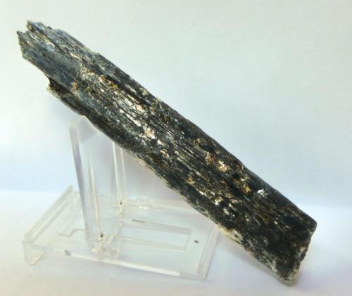 Cianita
Distrito de Barra Salinas, Coronel Murta, Valle Jequinhonha, Minas Gerais, Brasil.
Altura máxima del cristal 14 cm
Cristal muy oscuro con micas asociadas. (Autor: María Jesús M.)