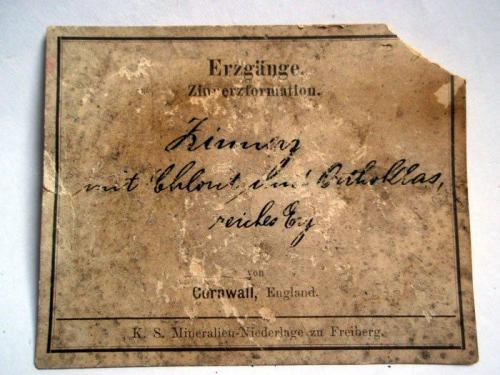 Freiberg Mining Academy label, its style dates it to between 1880-1905 (Author: ian jones)