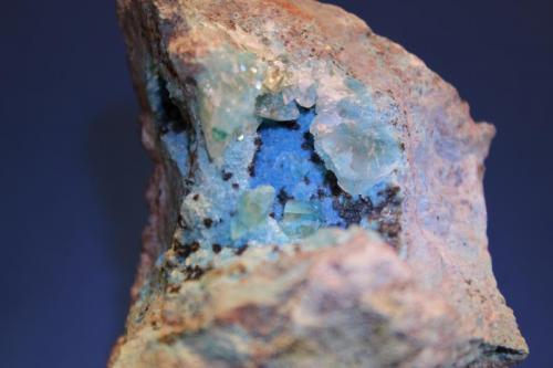 Shattuckite, Calcite
Kambove, Katanga Province, Democratic Republic of the Congo
8.5 x 7.5 cm (Author: Don Lum)