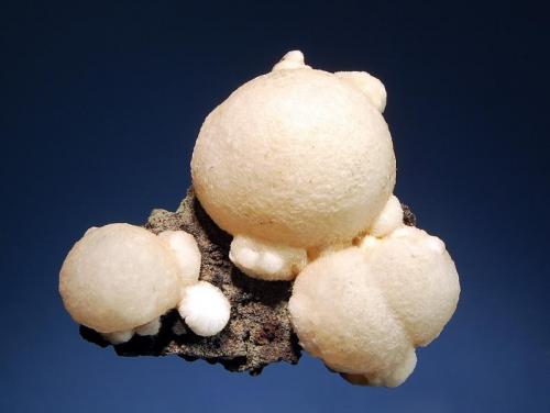 Thomsonite
Vaijapur, Aurangabad District, Maharashtra, India
6.5 x 7.2 cm.
Creamy white, spherical thompsonite aggregates on basalt matrix. These first appeared on the U.S. market in 2005 and several dealers had them labeled as mesolite. Rudy Tchernisch analyzed several specimens from this location and identified them as thompsonite. (Author: crosstimber)