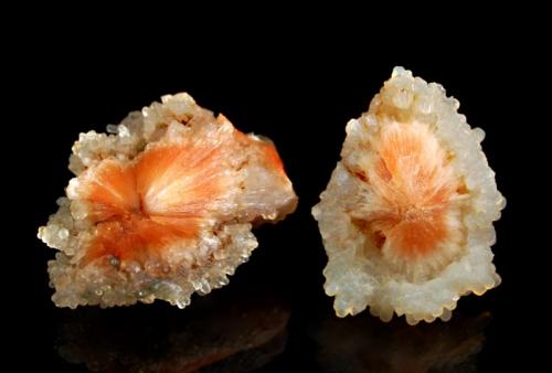 Scolecite
Chandanapuri, Nasik District, Maharashtra, India
(Left) 3.0 x 3.9 and (right)  3.6 x 4.5 cm.
Radiating acicular orange scolecite encased in a nodule of colorless chalcedony. These were new to the market in 2013. (Author: crosstimber)