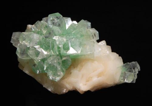 Apophyllite-(KF)
Rahuri, Ahmednagar District, Maharashtra, India
6.0 x 10.1 cm.
A semi-spherical group of mint-green prismatic crystals on white stilbite. (Author: crosstimber)