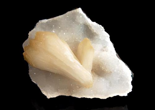 Stilbite
Quality Quarry, near Roha, Pune District, Maharashtra, India
7.1 x 9.0 cm.
Pale tan sheaves of stilbite to 5.8 cm on a thin layer of drusy quartz covering black basalt. (Author: crosstimber)