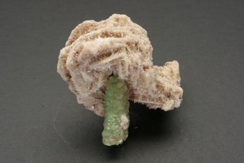 Calcite on prehnite with datolite
Lane Quarry, Hampden County, Massachusetts, USA
9 x9 cm.
A calcite chapeau on a prehnite stalactite. (Author: vic rzonca)