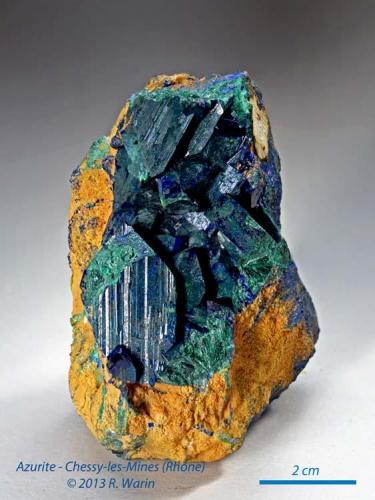 Azurite
Chessy, Rhône, France
8 cm high
with pseudomorphose in malachite (Author: Roger Warin)