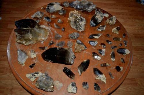 total haul of smoky quartz crystals from the pocket all cleaned up (Author: thecrystalfinder)